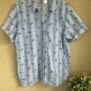 Vintage Casual Blue Stripe Short-Sleeve Shirt with Red Cherry Print